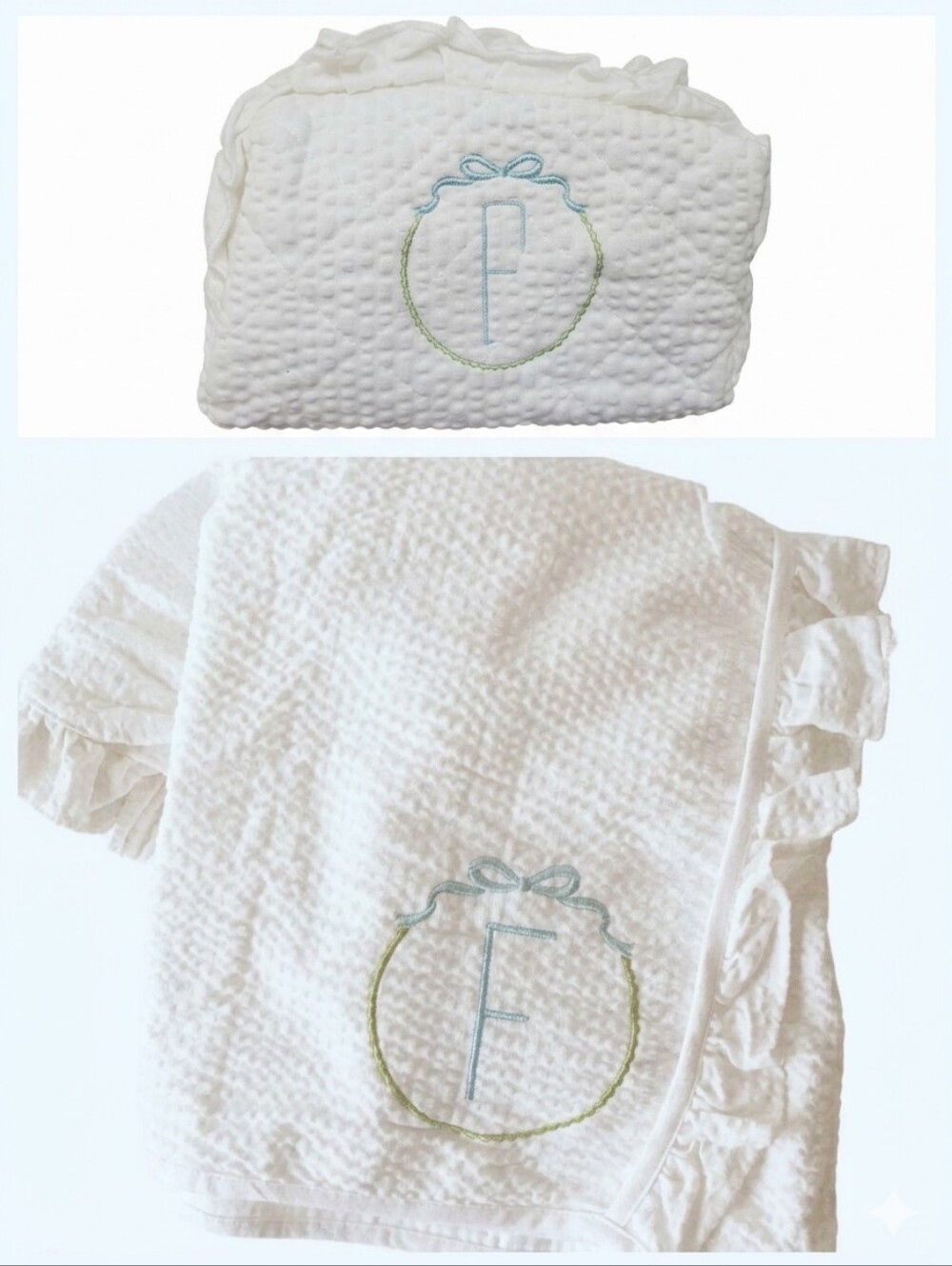 NWT Monogrammed White Ruffle Wrap Robe & Toiletry Bag - Both in Initial F